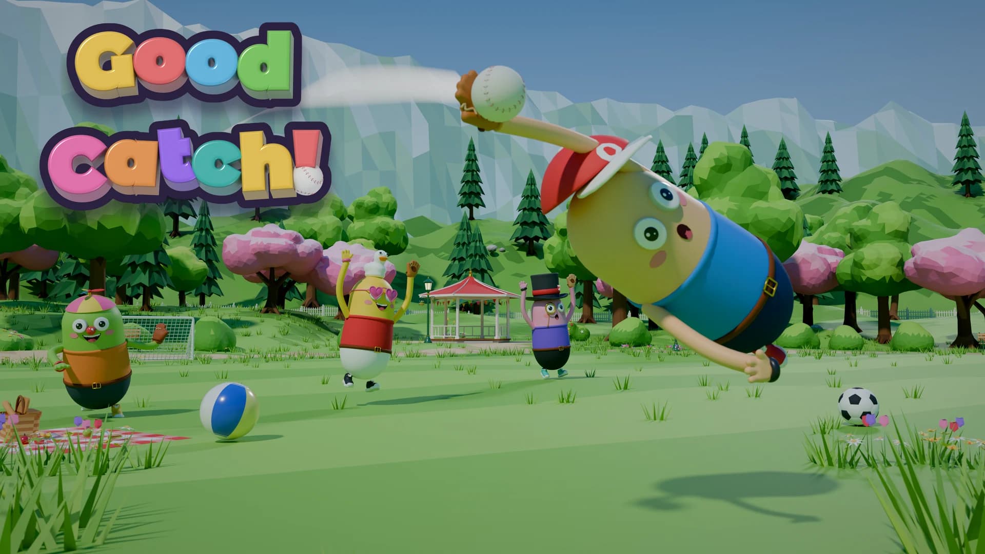 Good Catch! promotional key art: colorful bean friends playing catch in a sunny park