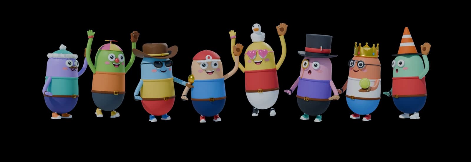 A lineup of Good Catch! bean characters in colorful, silly outfits